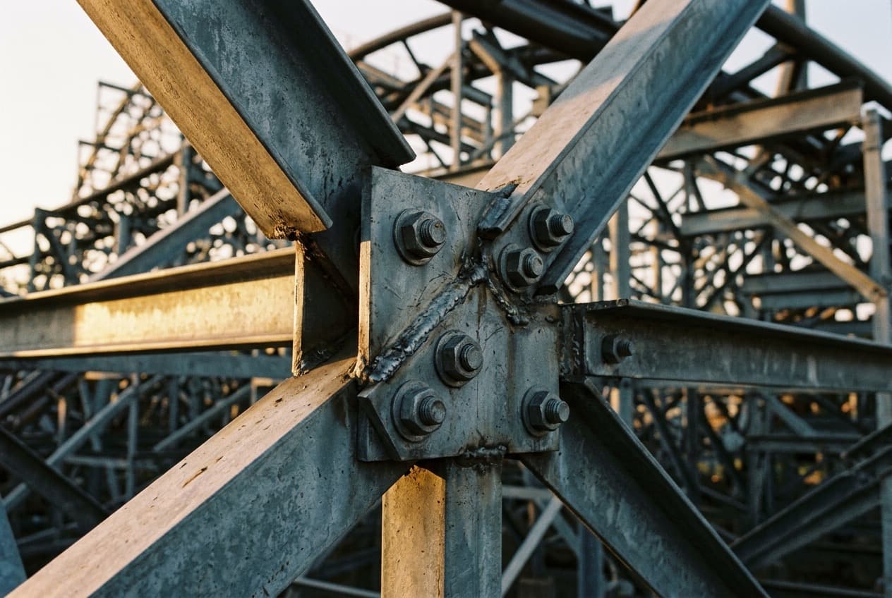 Close-up of a steel roller coaster track joint with bolts and welds