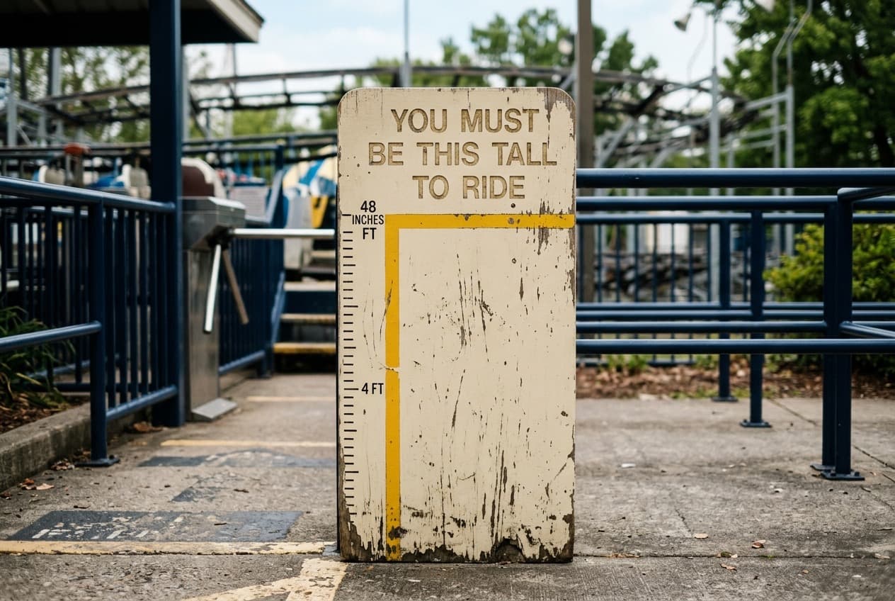 Weathered "you must be this tall to ride" height-restriction sign