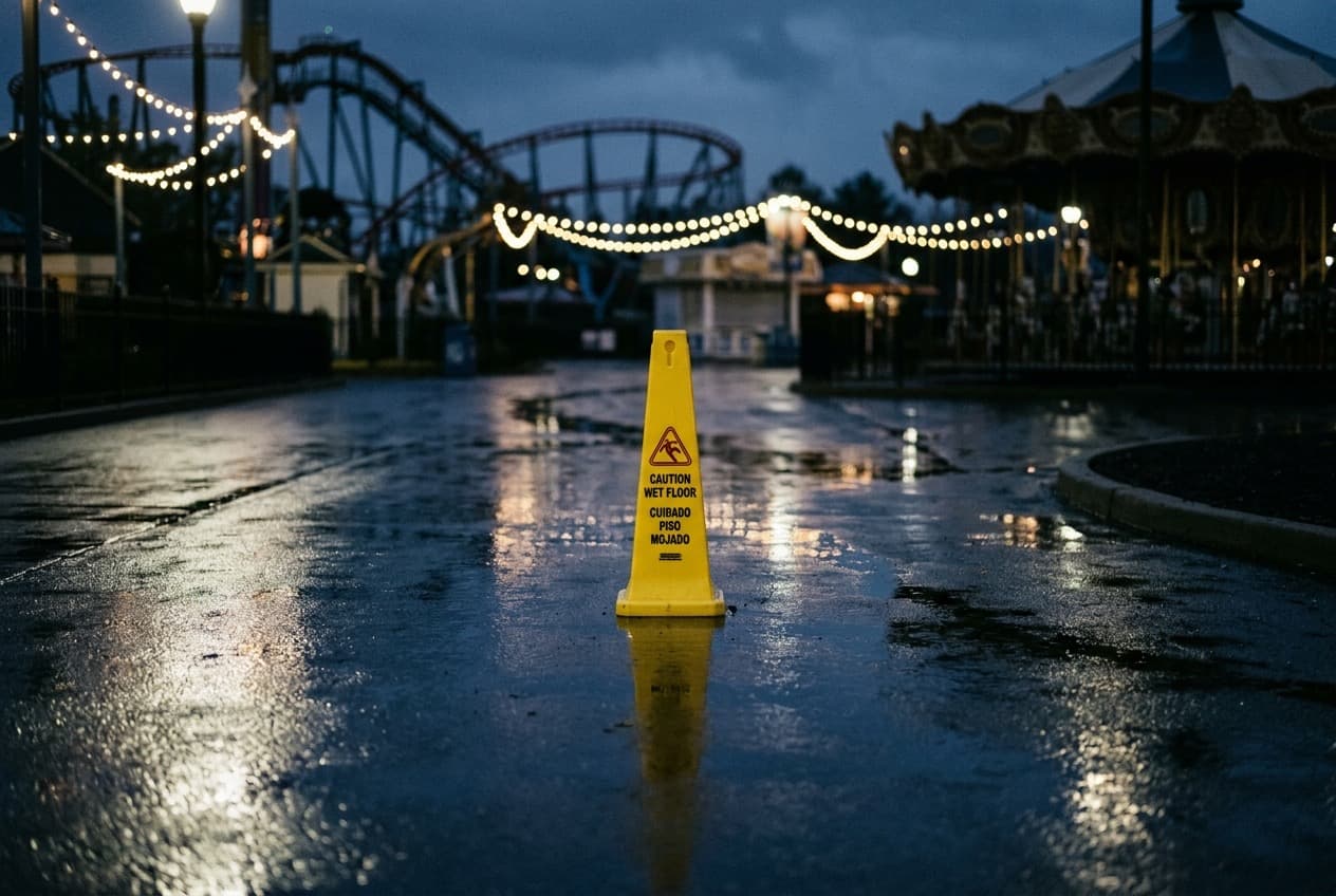 Yellow caution-wet-floor cone on a wet park walkway at dusk