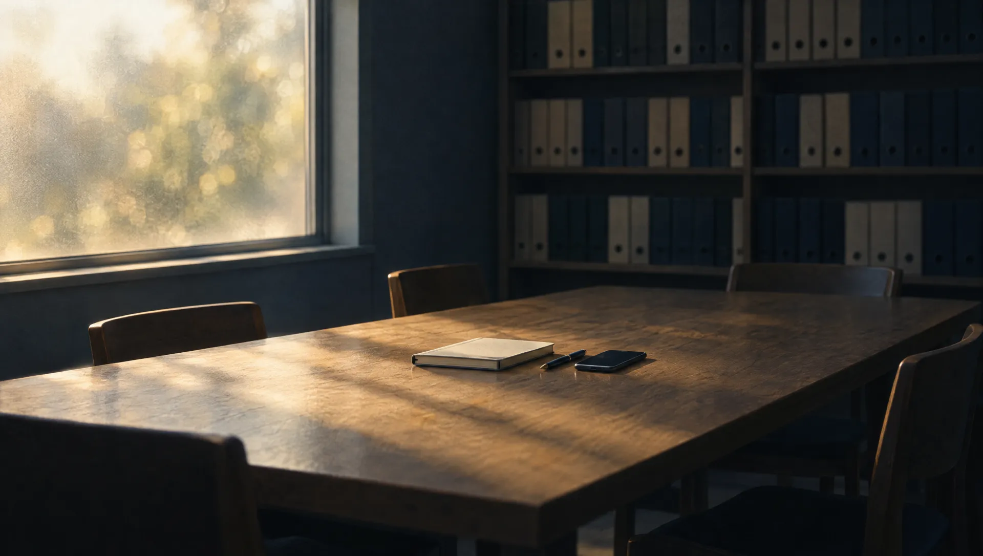 A quiet study table with a closed notebook, pen and phone in warm late-afternoon window light.