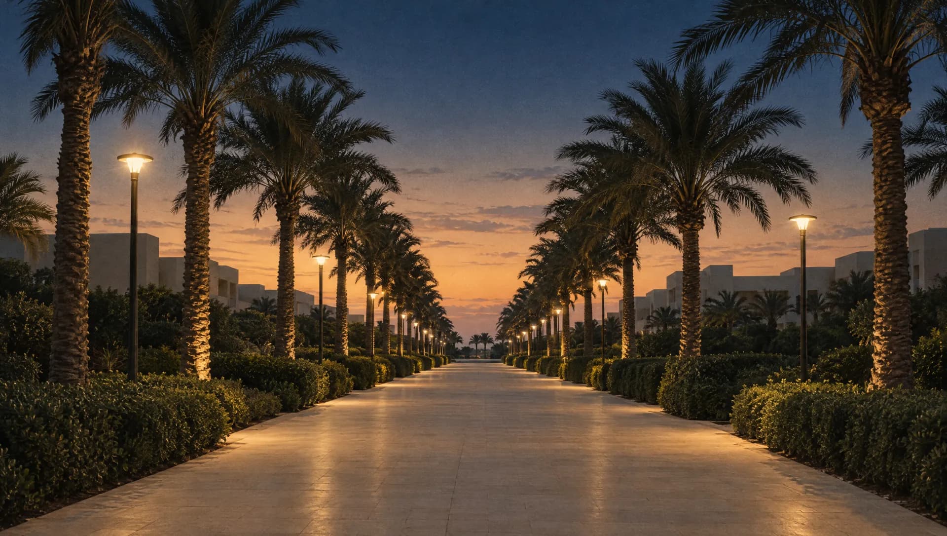 A quiet palm-lined resort boulevard at dusk with streetlights coming on.