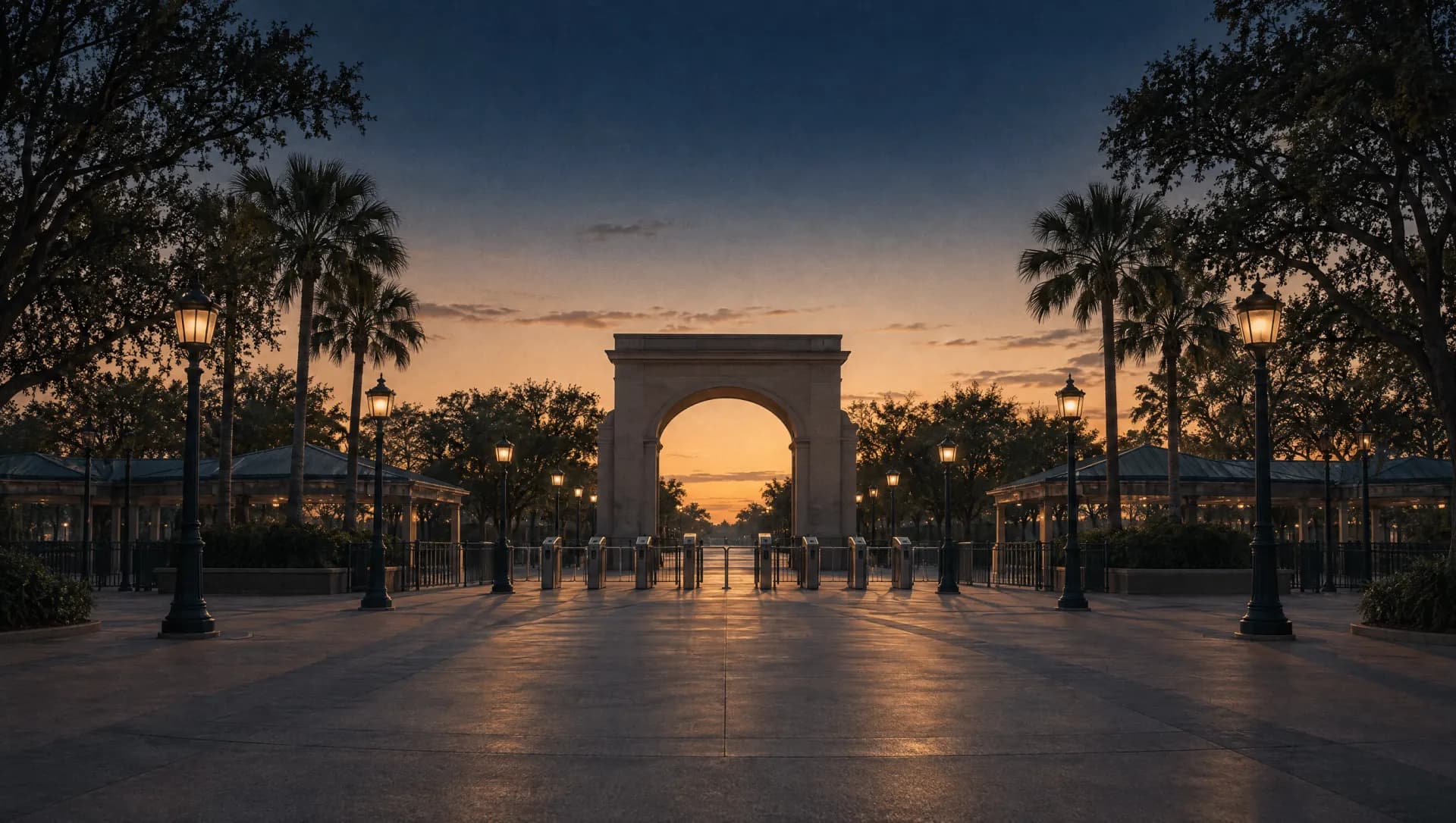 An empty amusement park entrance plaza at dusk with turnstile gates and warm light on the horizon.