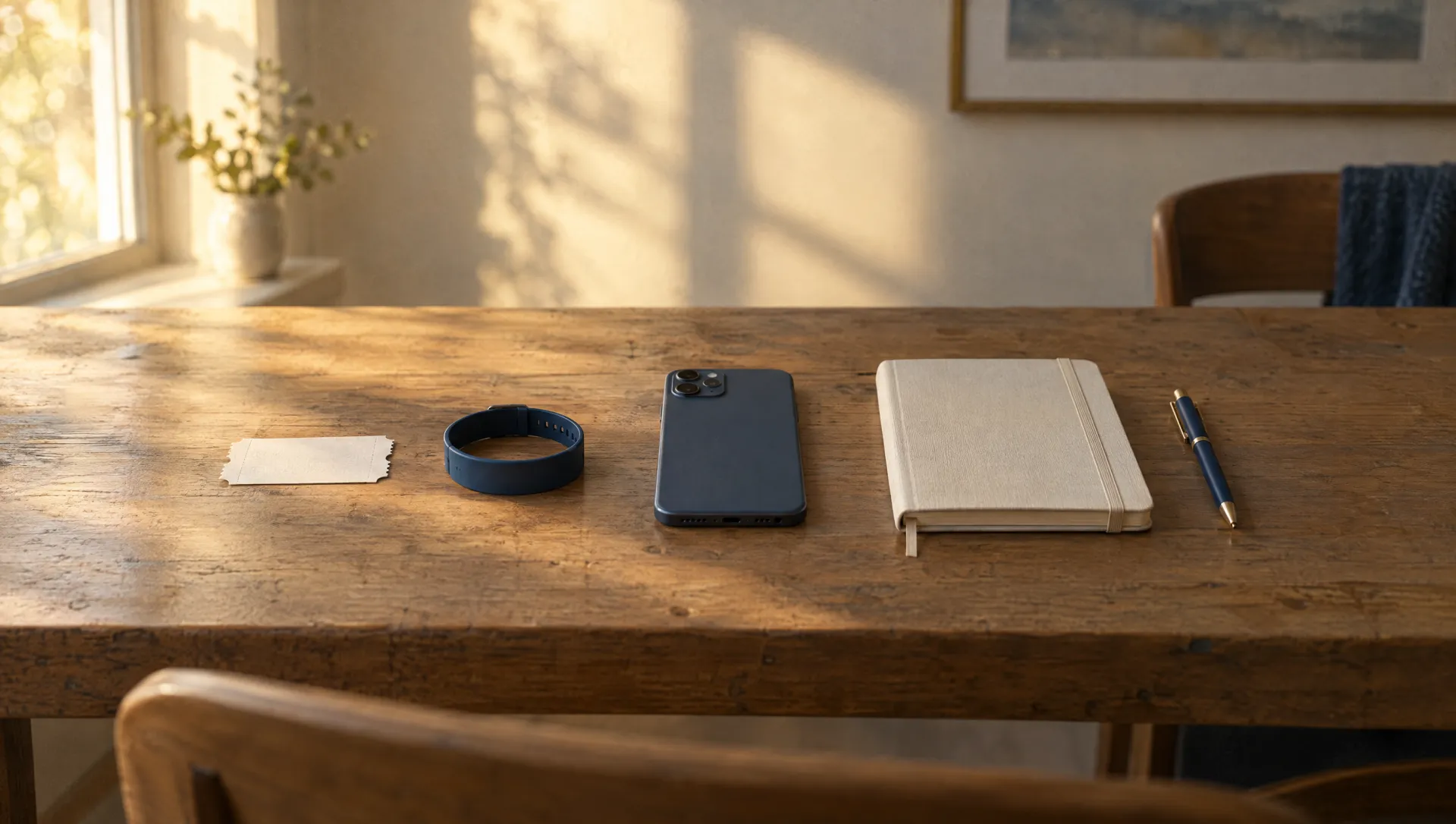 A tidy table with a ticket stub, wristband, phone and notebook in soft morning light.