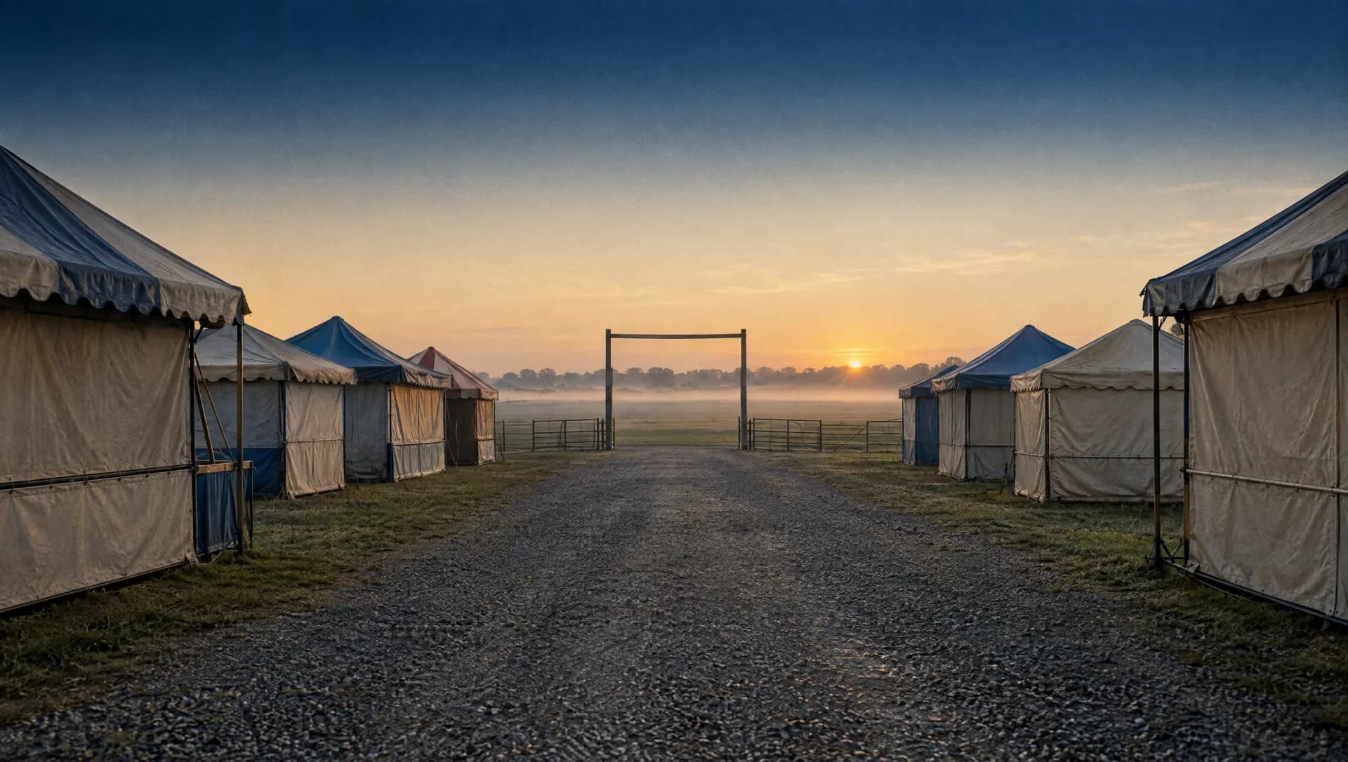 A deserted regional fairground midway at dawn with mist over the fields and a pale gold sunrise.